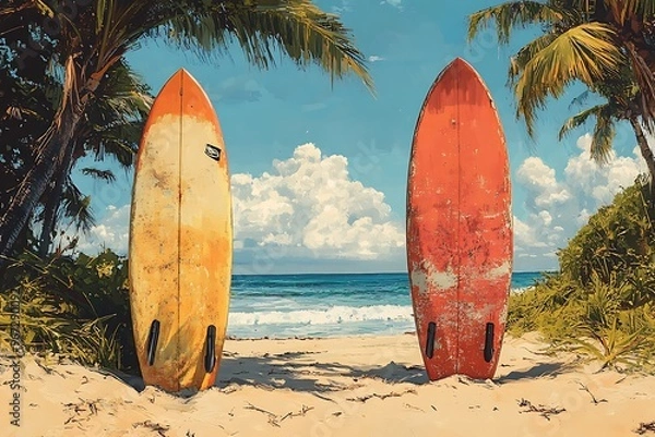Fototapeta Two surfboards on a pristine beach with palm trees, blue sky, and ocean waves in the background.