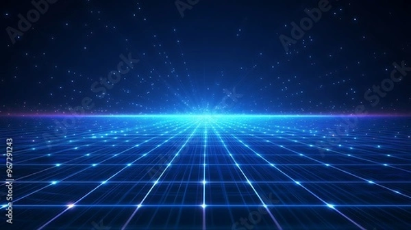 Fototapeta A mesmerizing digital landscape with glowing blue lines, creating a sense of depth and futuristic technology.