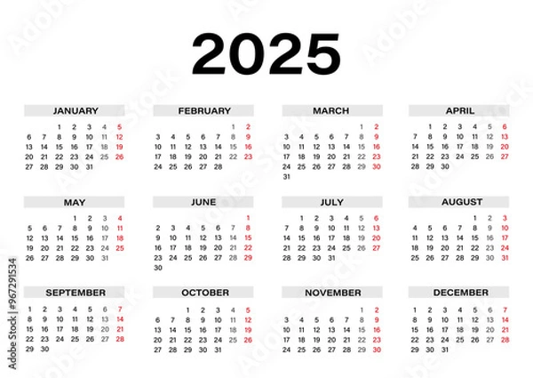 Fototapeta annual calendar 2025 year, week starts on monday corporate planner template vector editable. Business calendar Yearly organizer in minimalist style for 2025 design. Landscape orientation