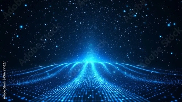 Fototapeta A mesmerizing digital landscape with waves of blue light and sparkling stars, portraying a futuristic and cosmic atmosphere.