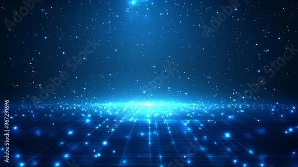 Fototapeta A mesmerizing digital swirl of blue lights against a dark background, creating a captivating cosmic scene of endless possibilities.