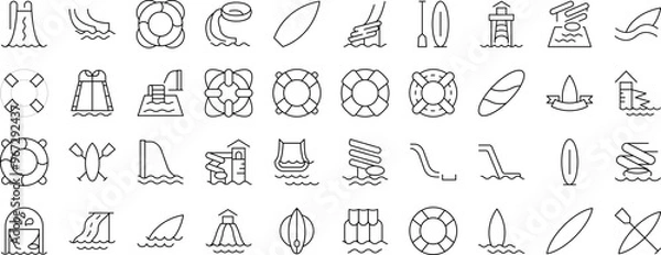 Fototapeta Lifeline and Water Slide Set of Thin Icons. Editable Stroke. Suitable for Web Sites, Books, Cards, Apps