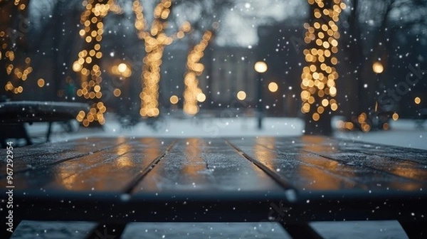 Fototapeta Snowy City Park with Dark Wood Table and Festive Lights on Trees, blurred background