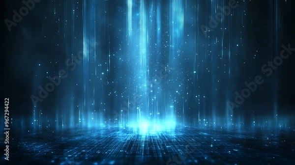 Fototapeta A stunning blue abstract background with glowing particles and light beams creating a digital ambiance.