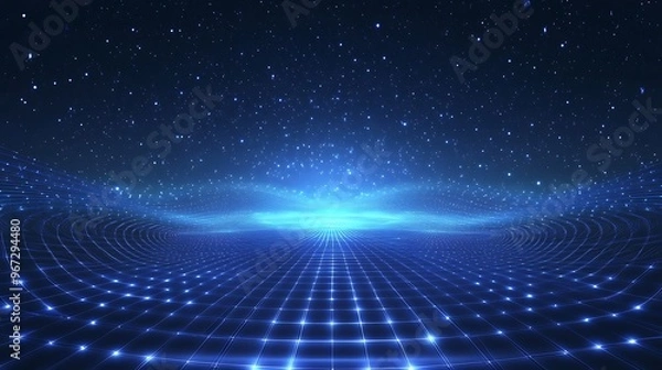 Fototapeta A stunning blue cosmic abstract landscape with glowing stars and a vibrant grid, evoking a sense of infinite space and depth.