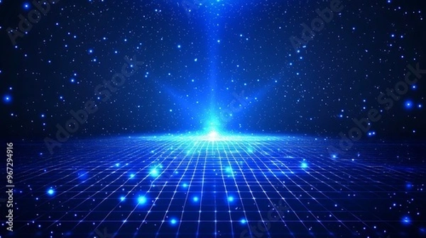 Fototapeta A stunning blue galaxy background featuring radiant stars and a cosmic grid, perfect for futuristic or technology-themed projects.