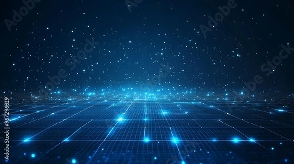 Fototapeta A stunning digital backdrop featuring a grid illuminated by blue light particles, ideal for technology and innovation themes.