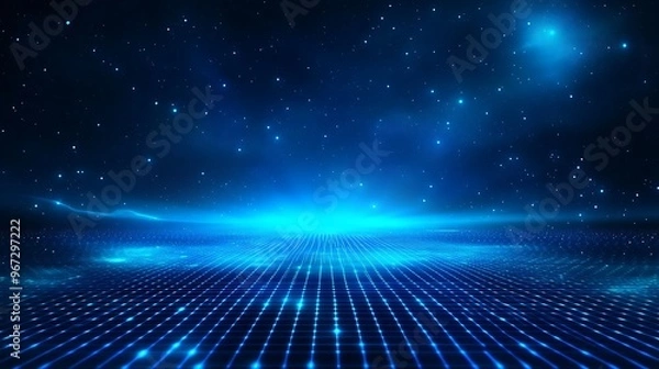 Fototapeta A stunning digital landscape featuring a blue glowing horizon with a grid pattern creating a futuristic atmosphere.