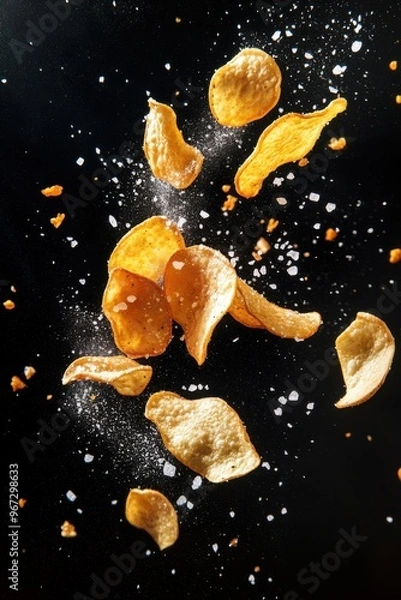 Fototapeta Flying potato chips breaking apart in mid-air with scattered salt and seasoning on a black background