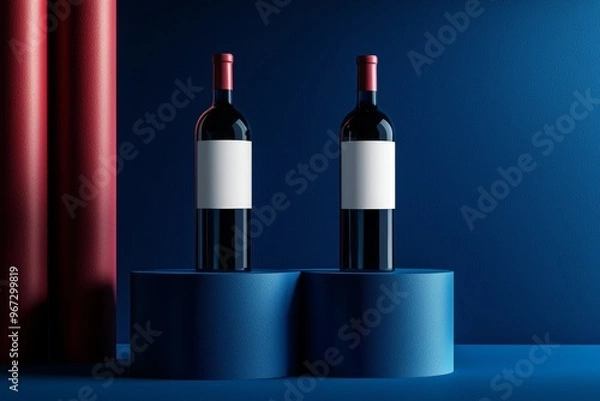 Fototapeta Label mockup with clean design and blue background. Branding and advertising concept for liquor and beverages. 3D rendering.