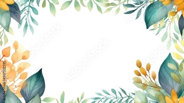Fototapeta Foliage Frame. Vibrant Watercolor Leaves Border on White Background. Invitation, Greeting Card
