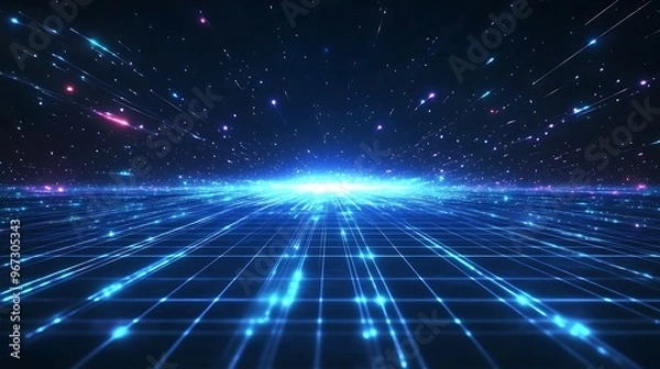 Fototapeta A vibrant digital landscape showcasing light streaks and a grid pattern, perfect for futuristic and technology-themed projects.