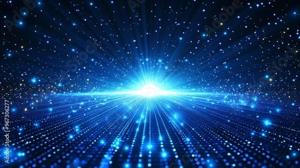 Fototapeta A vibrant explosion of blue light and shimmering particles creates a cosmic atmosphere, perfect for futuristic backgrounds.