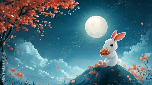 Fototapeta Cute rabbit sits on an osmanthus tree, holding a mooncake in its hands, with a full moon hanging high in the night sky, celebrating the Mid-Autumn Festival design. Translation: Moon Festival.