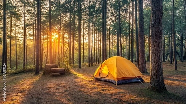 Obraz Camping tent in forest at sunset 