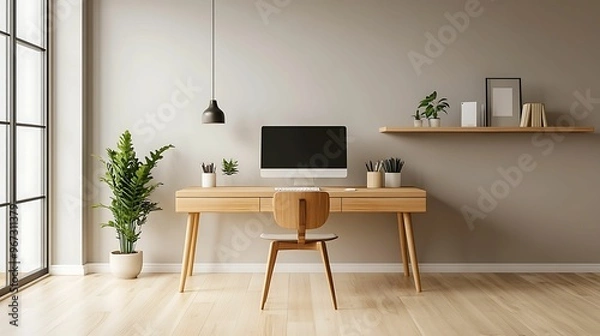Fototapeta A minimalist home office featuring a wooden desk, sleek computer, potted plants, and neutral decor, creating a serene and productive workspace.