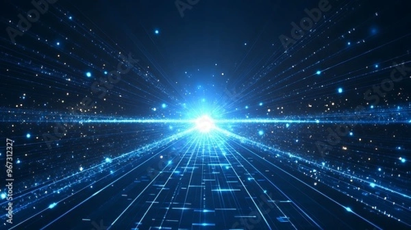 Fototapeta Dynamic blue light beam radiates through space, creating a vibrant atmosphere of energy and motion in a cosmic setting.