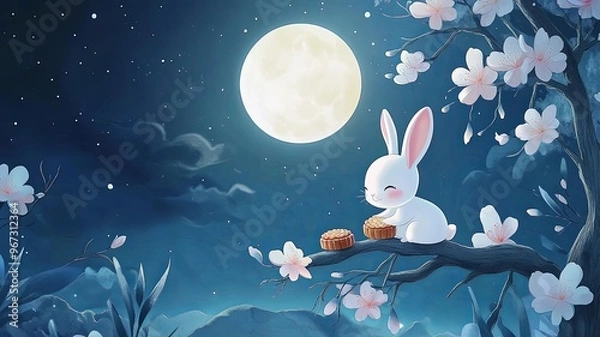 Fototapeta Cute rabbit sits on an osmanthus tree, holding a mooncake in its hands, with a full moon hanging high in the night sky, celebrating the Mid-Autumn Festival design. Translation: Moon Festival.
