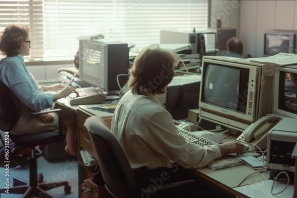Obraz Retro workspace scene featuring vintage computers and focused employees, capturing a nostalgic moment of past office environments.