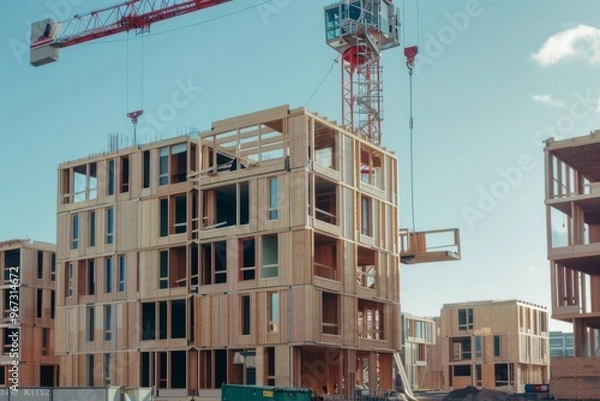Obraz A construction site with wooden-framed buildings under development, featuring a prominent crane lifting materials against a clear blue sky.