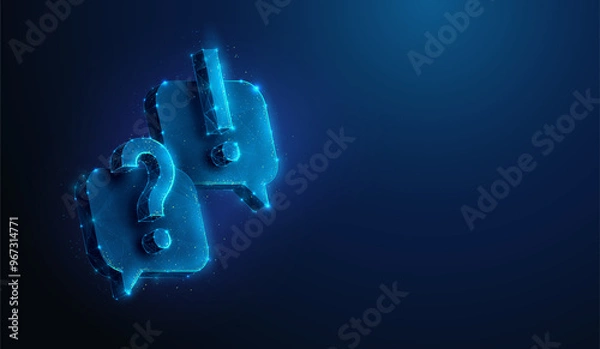 Obraz Abstract illustration of question mark and exclamation mark on chat bubbles in low poly style. Blue geometric background depicting faq and technical expert support concept by wireframe connection
