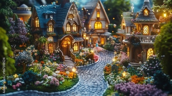 Fototapeta A highly realistic 3D doll village with tiny houses, vibrant gardens, and smiling dolls walking through cobblestone streets in a whimsical land of play.