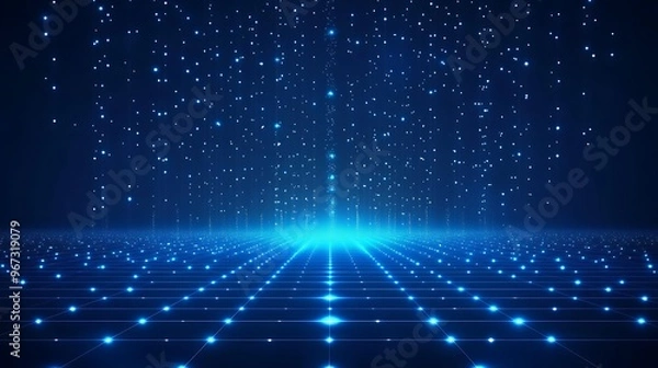 Fototapeta Stunning blue digital background with glowing particles and a grid pattern, perfect for technology and sci-fi themes.