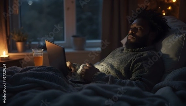 Fototapeta A person sitting under a blanket by the fireplace, reading a book and holding a mug of hot tea, suggesting a comforting and restful recovery during illness. The scene evokes warmth and relaxation.
