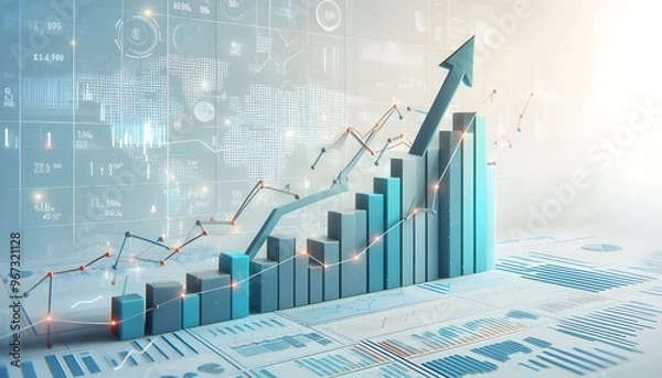 Fototapeta Financial chart with an upward arrow and data points on a white background, symbolizing market growth and financial trends. 3D Rendering