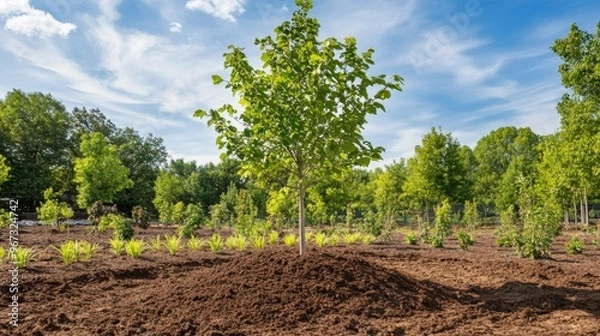 Fototapeta A landscape scene of a newly planted tree with a protective mulch layer, set in a freshly prepared garden bed under a sunny sky.