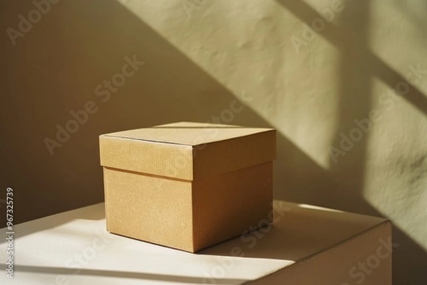 Fototapeta A simple brown cardboard box stands on a table, illuminated by diagonal sunlight streaming through a window, creating a serene moment.