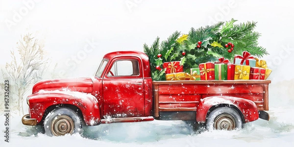 Obraz Red Pick Up Truck with Christmas Tree