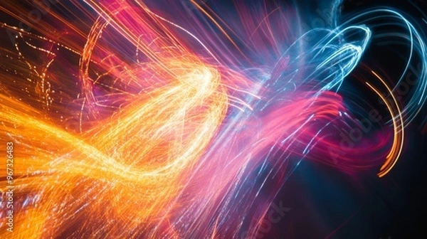 Fototapeta A long exposure shot of a fireworks display with trails of light and vibrant bursts illuminating the night sky.