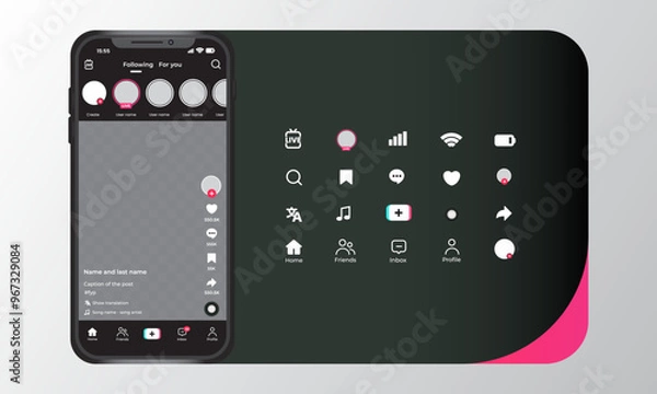 Fototapeta Social Media App Black Color Interface Template Set With Smartphone