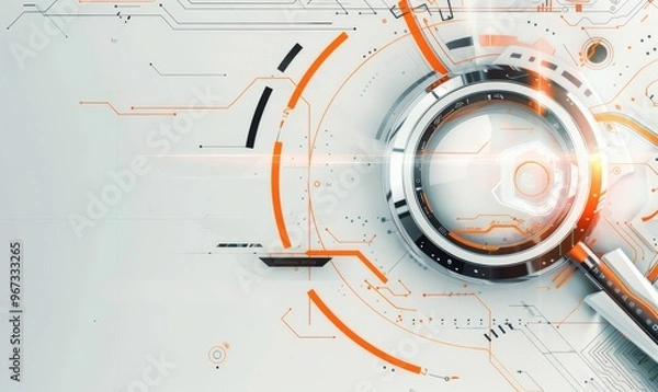Fototapeta Abstract technological background with magnifying glass symbol, light orange and white