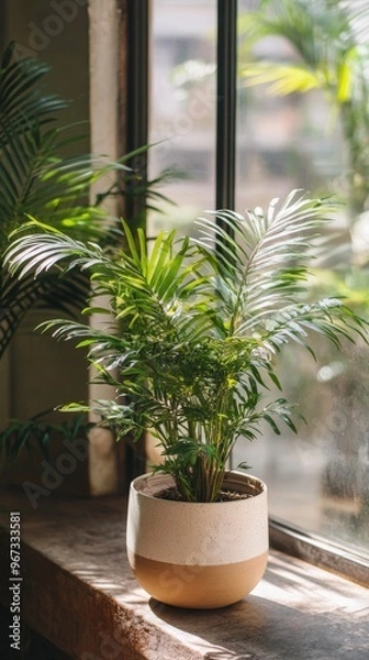Obraz a potted Norfolk island pine plant by the window in minimalist style of indoor plants