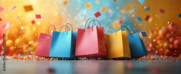 Obraz minimalist dynamic elements like price tags, shopping bags, and discount percentages floating around, sale campaign