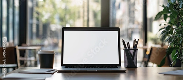 Obraz Photo of a laptop with a blank screen on an office desk, surrounded by work supplies and glass windows showing the outside view. Created with Ai
