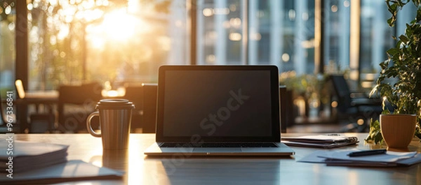 Fototapeta A laptop with an empty screen sits on the table in front of you, surrounded by office supplies and coffee mugs. The background is blurred to focus attention on the computer. Created with Ai