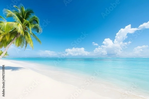 Fototapeta Serene tropical beach scene with soft white sand,clear turquoise ocean waters,and gently swaying palm trees under a bright blue sky. Idyllic vacation and relaxation concept.