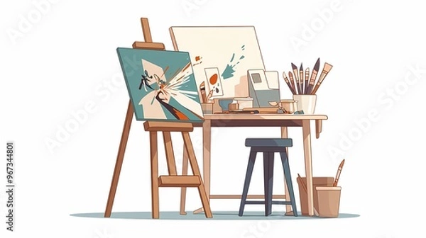 Fototapeta Flat vector art workshop, canvas, brushes, playful minimalist design.