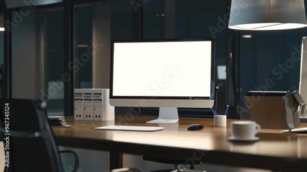 Fototapeta Modern office white computer mockup blank white screen, working desk set up office