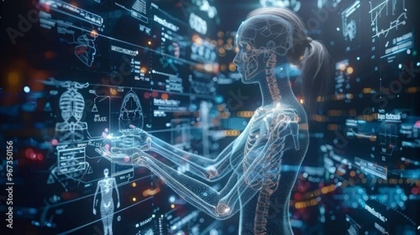 Fototapeta Digital health care innovative virtual science and medicine technology concept, Doctor working with human anatomy virtual interface icons.