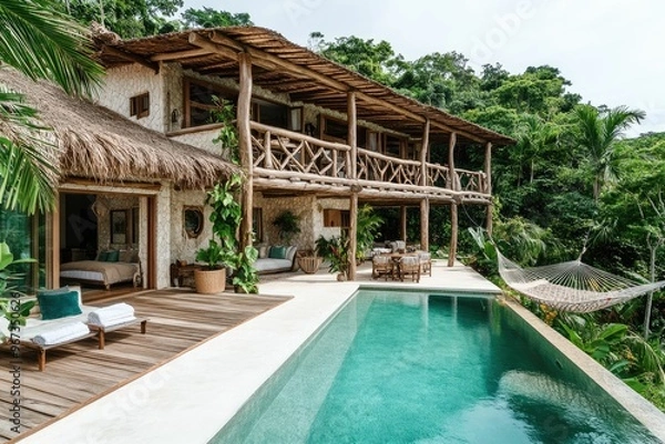 Obraz Luxurious villa with pool surrounded by lush greenery.