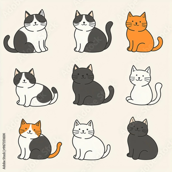 Fototapeta Niedliche Katzenillustration: Verschiedene stilisierte Katzen in Schwarz, Weiß, Grau und Orange, liebevoll gezeichnet und minimalistisch dargestellt