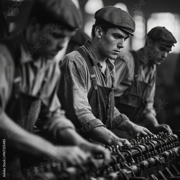 Fototapeta Black and white illustration of workers in flat caps and overalls assembling machinery in a gritty factory, capturing the labor-intensive tasks and harsh environment of the Industrial Revolution.

