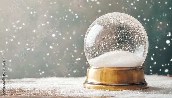 Obraz Gold-Based Snow Globe on a Snowy Wooden Surface