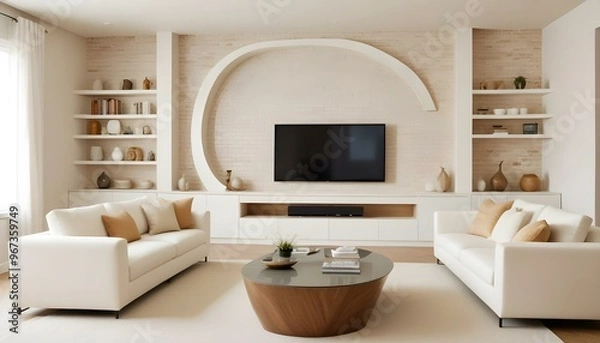 Fototapeta Photo modern style interior room 3d illustration Interior frame living room with colorful white sofa,led with blank frame