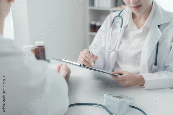 Obraz Asian female doctor and male patient discuss treatment with successful professional physician wearing white lab coat and stethoscope about injury