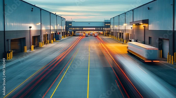 Fototapeta Motion blur of container trucks entering and leaving an international logistics distribution warehouse. Ai generate.